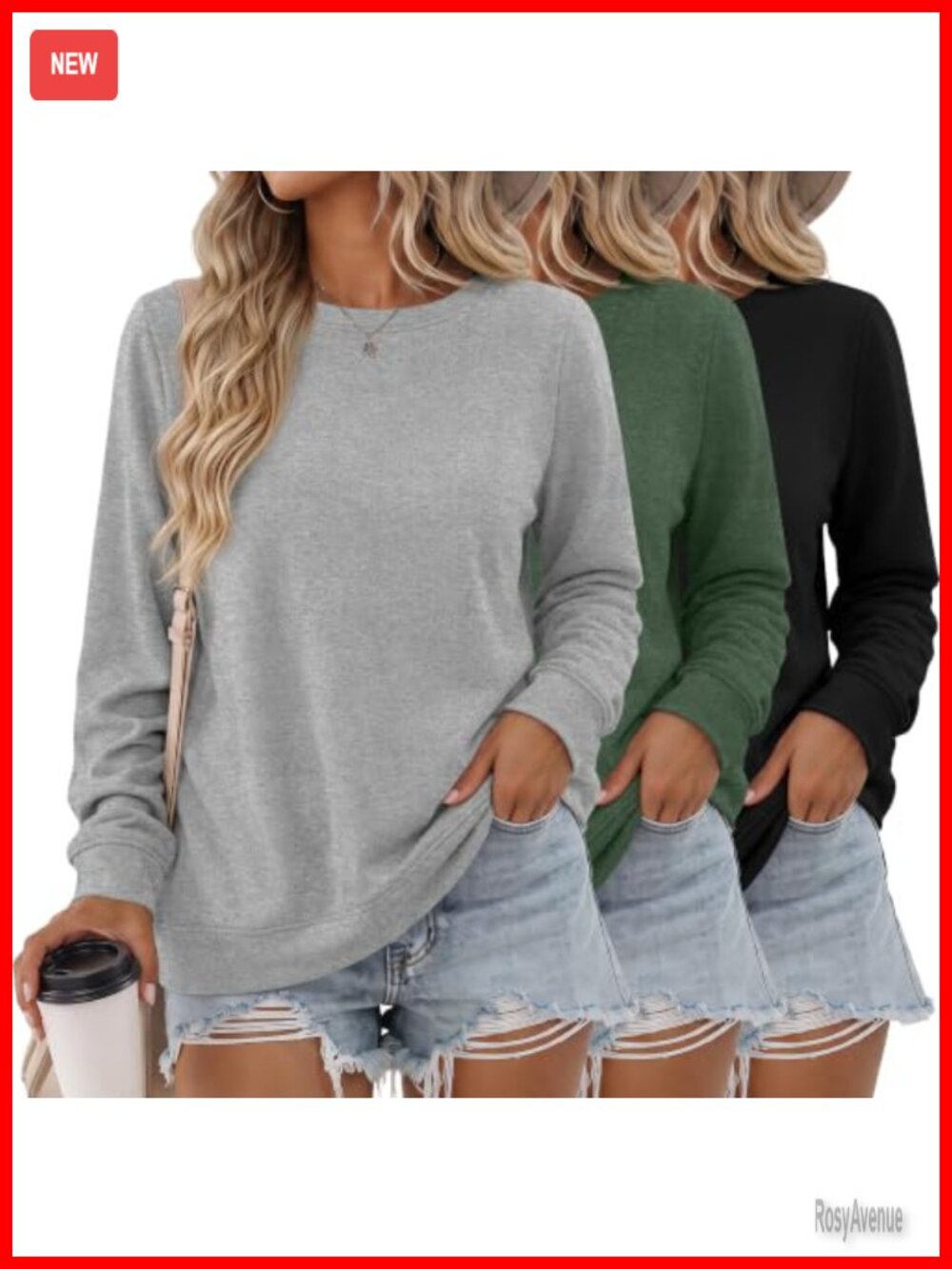 3 Pack Women's Long Sleeve Crewneck Sweatshirts Cotton Spandex Pullover